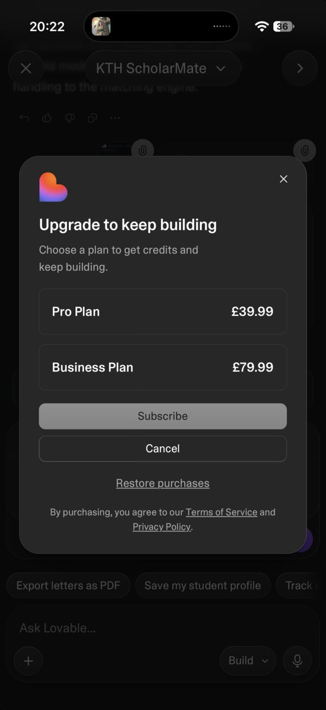 Lovable's "Upgrade to keep building" pop-up
